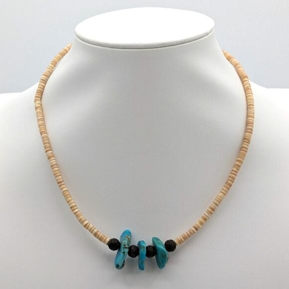 Vintage Heishi Shell Three Turquoise Stone Southwestern Hook Clasp 16" Necklace - Picture 1 of 9